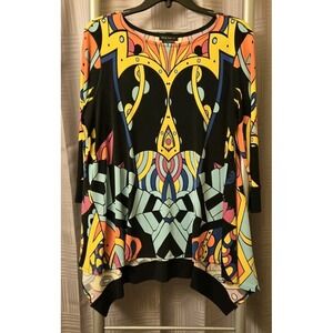 Eva Varro Round Neck Swing Tunic Top Sz M Colorful Print 3/4 Sleeve Multicolor